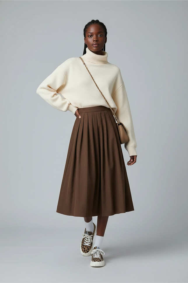 Jupe Midi Marron Plissée Élégante