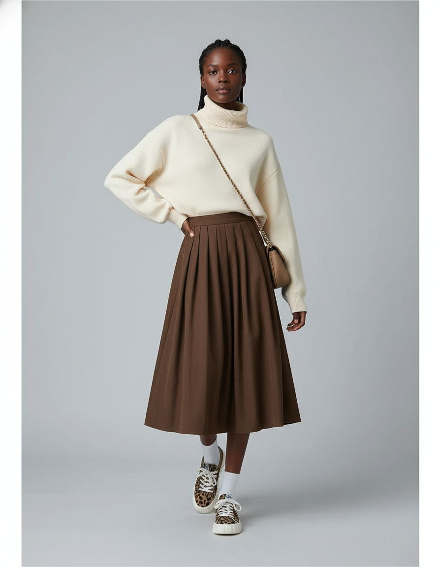 Jupe Midi Marron Plissée Élégante