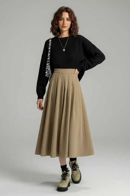 Jupe Midi Beige Plissée Épaisse Élégante