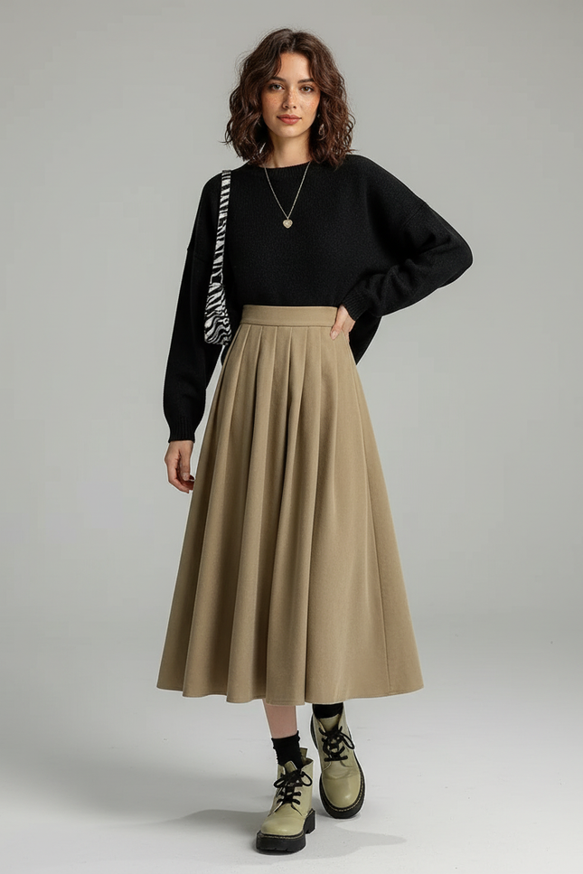 Jupe Midi Beige Plissée Épaisse Élégante
