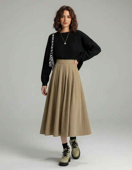 Jupe Midi Beige Plissée Épaisse Élégante