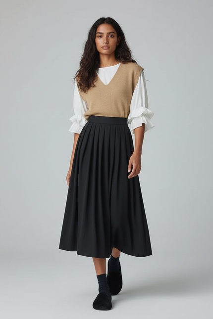 Jupe Midi Noire Plissée Élégante classique