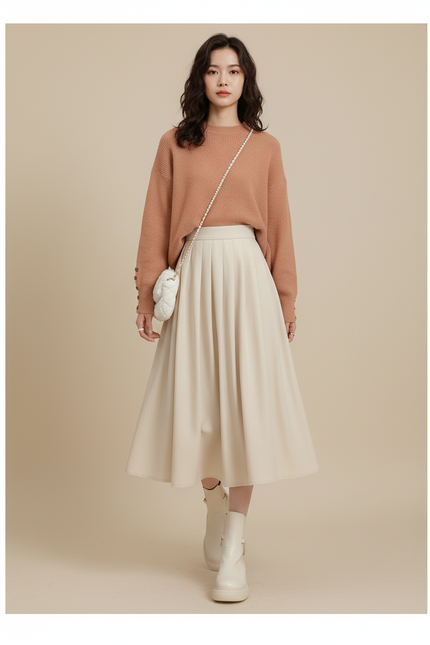 Jupe Midi Crème Plissée Élégante