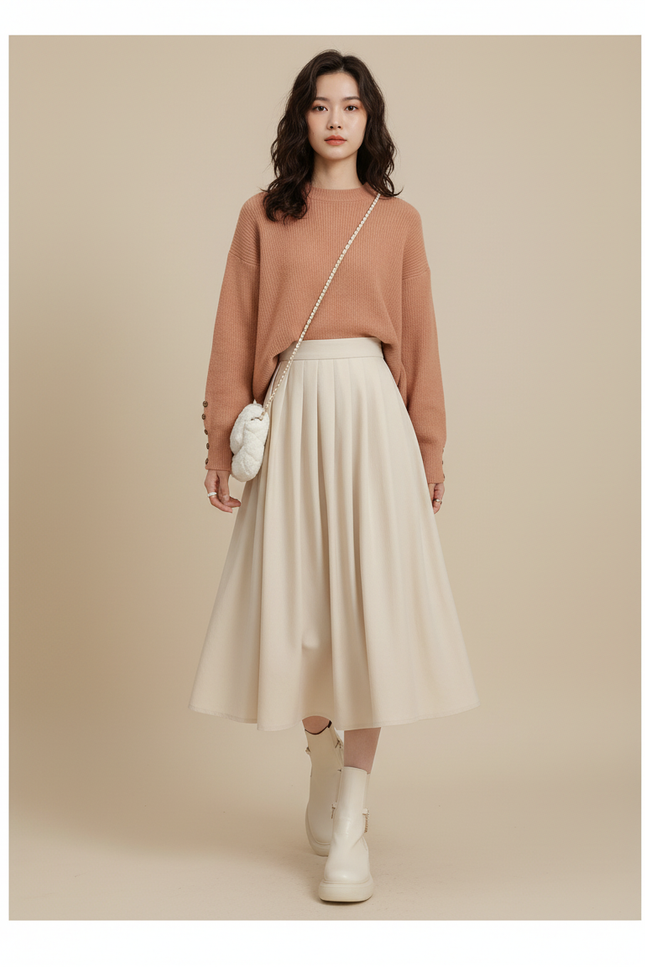 Jupe Midi Crème Plissée Élégante