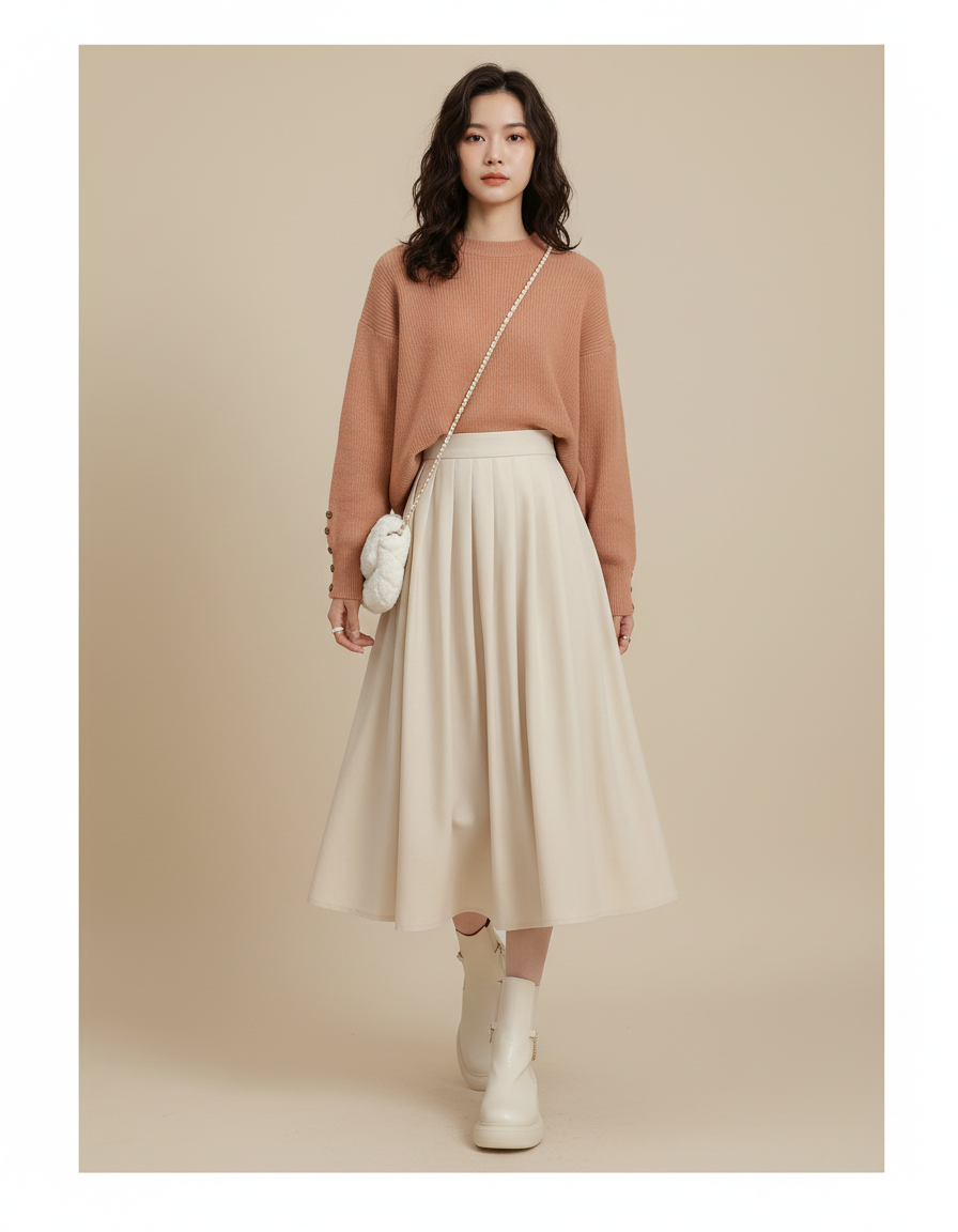 Jupe Midi Crème Plissée Élégante