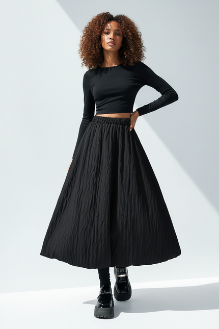 Jupe Midi Noire Texturée Chic