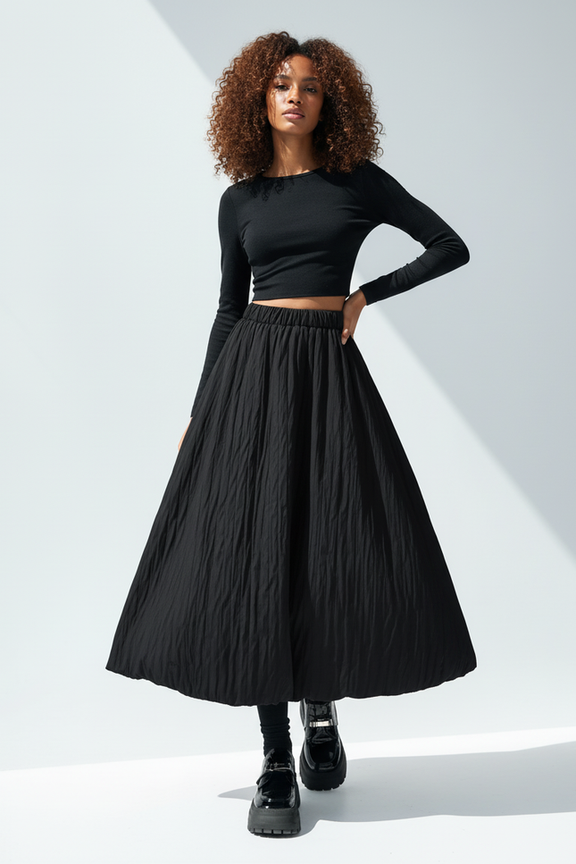 Jupe Midi Noire Texturée Chic