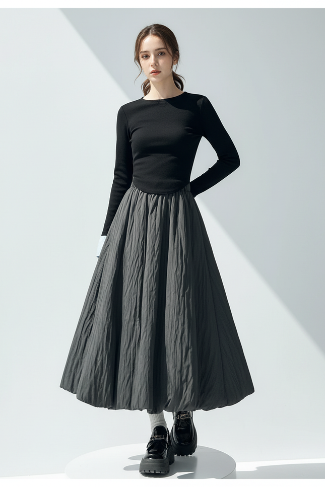 Jupe Midi Bouffante Gris Anthracite Chic