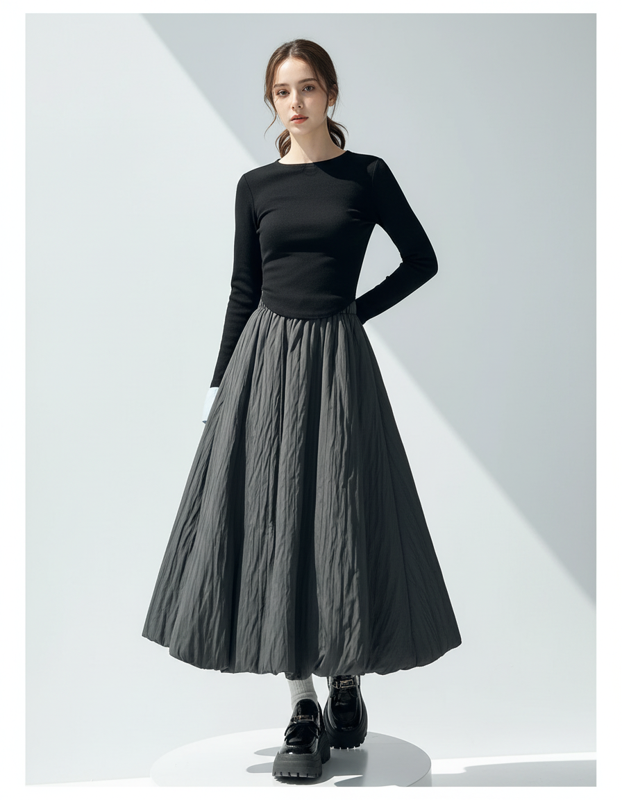 Jupe Midi Bouffante Gris Anthracite Chic