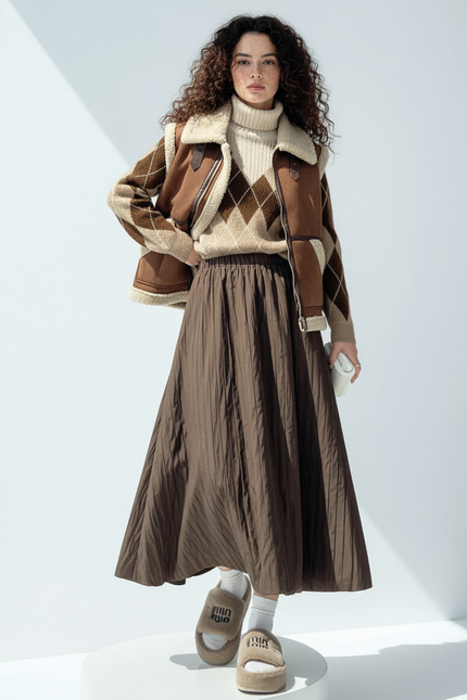 Jupe Midi Marron Texturée Chic