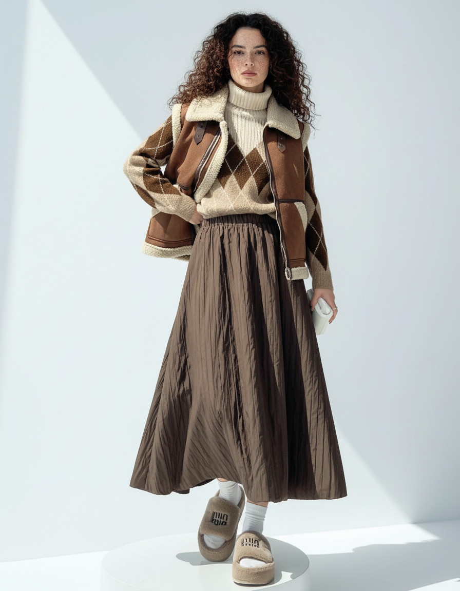 Jupe Midi Marron Texturée Chic