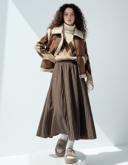 Jupe Midi Marron Texturée Chic