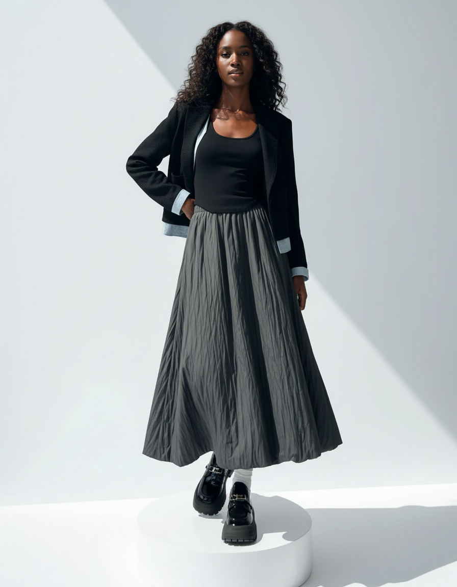 Jupe Midi Anthracite Froissée Chic