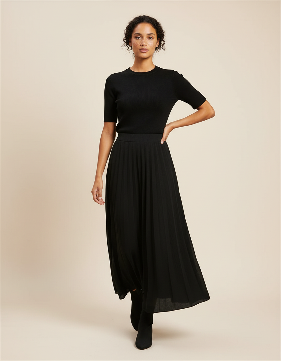 Jupe Midi Plissée Noire Élégante