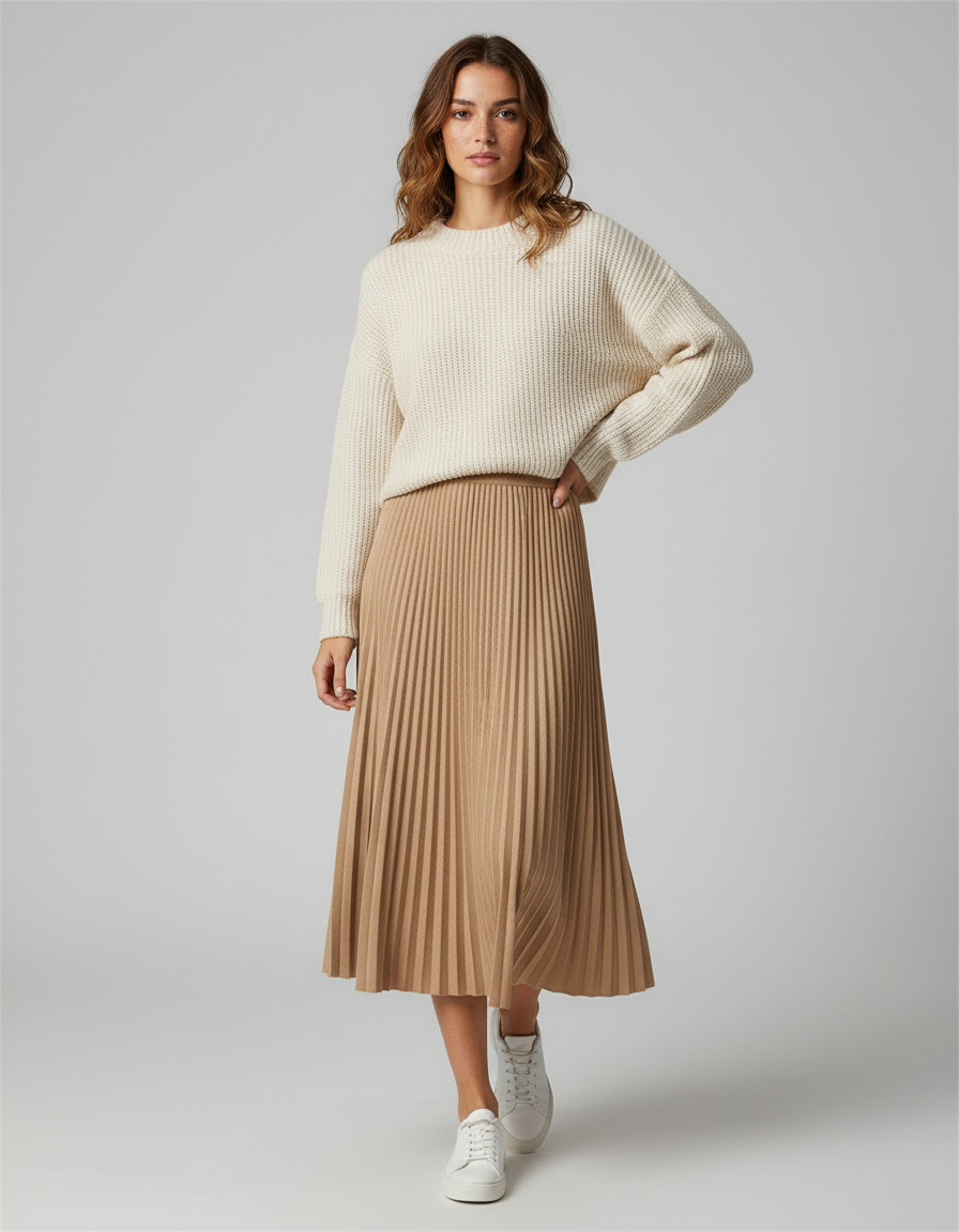 Jupe Midi Plissée Dorée