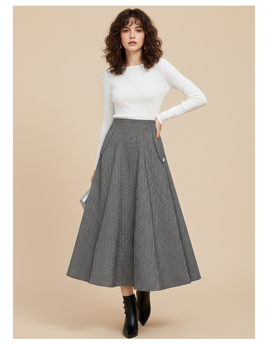 Jupe Midi Pied De Poule