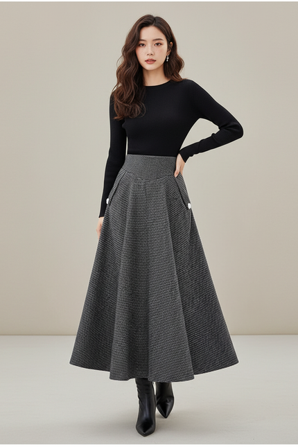 Jupe Midi Pied-De-Poule Grise Élégante