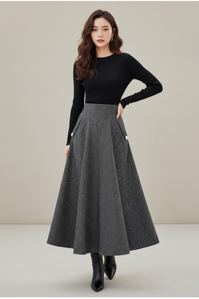 Jupe Midi Pied-De-Poule Grise Élégante
