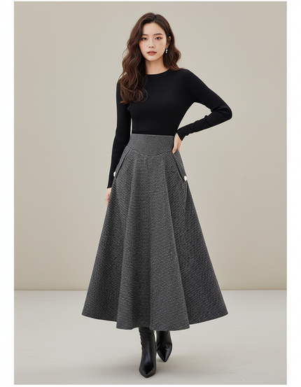 Jupe Midi Pied-De-Poule Grise Élégante