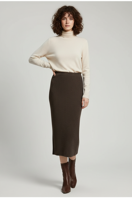Jupe Midi Marron Côtelée Chic chaleureuse