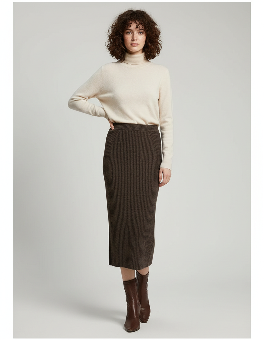 Jupe Midi Marron Côtelée Chic chaleureuse