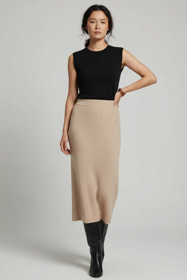 Jupe Midi Beige Côtelée Chic neutre
