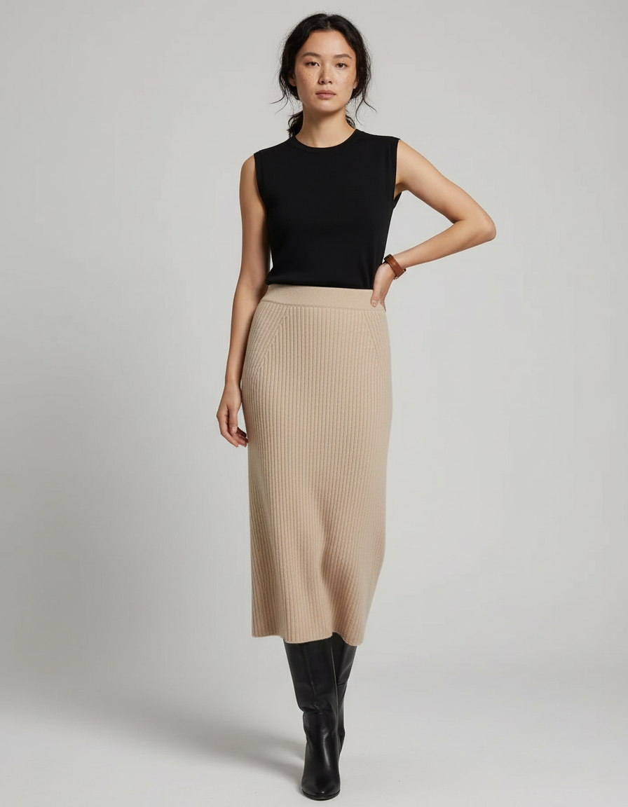 Jupe Midi Beige Côtelée Chic neutre