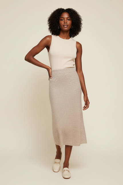 Jupe Midi Beige Maille Côtelée Chic