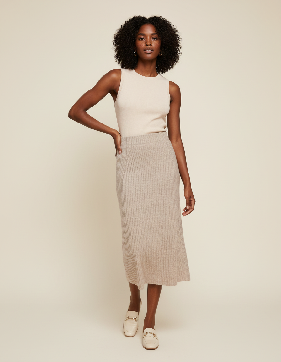 Jupe Midi Beige Maille Côtelée Chic