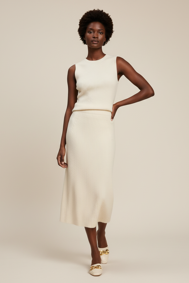 Jupe Midi Crème Maille Côtelée Chic