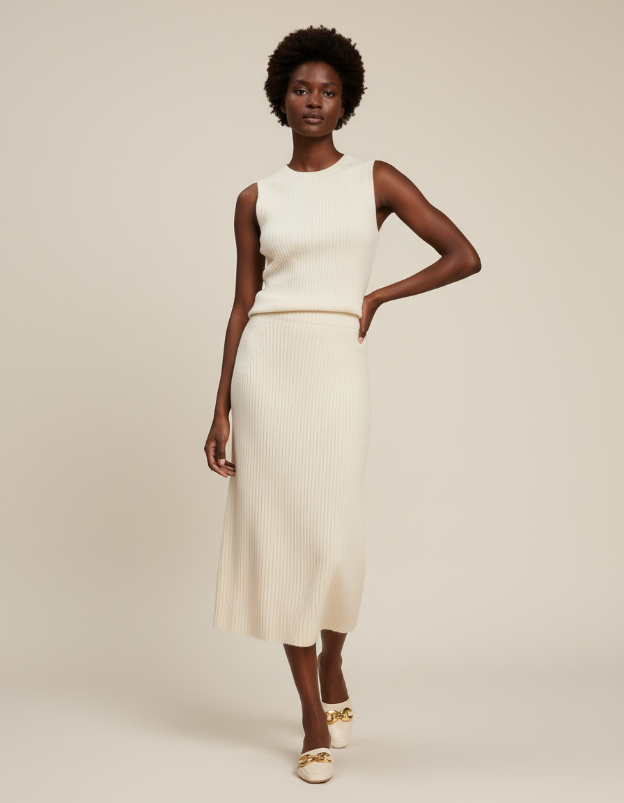 Jupe Midi Crème Maille Côtelée Chic