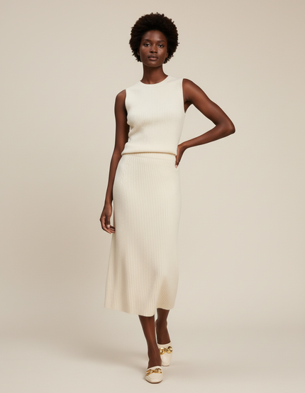 Jupe Midi Crème Maille Côtelée Chic