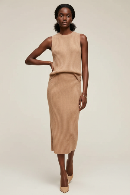 Jupe Midi Camel Côtelée Chic