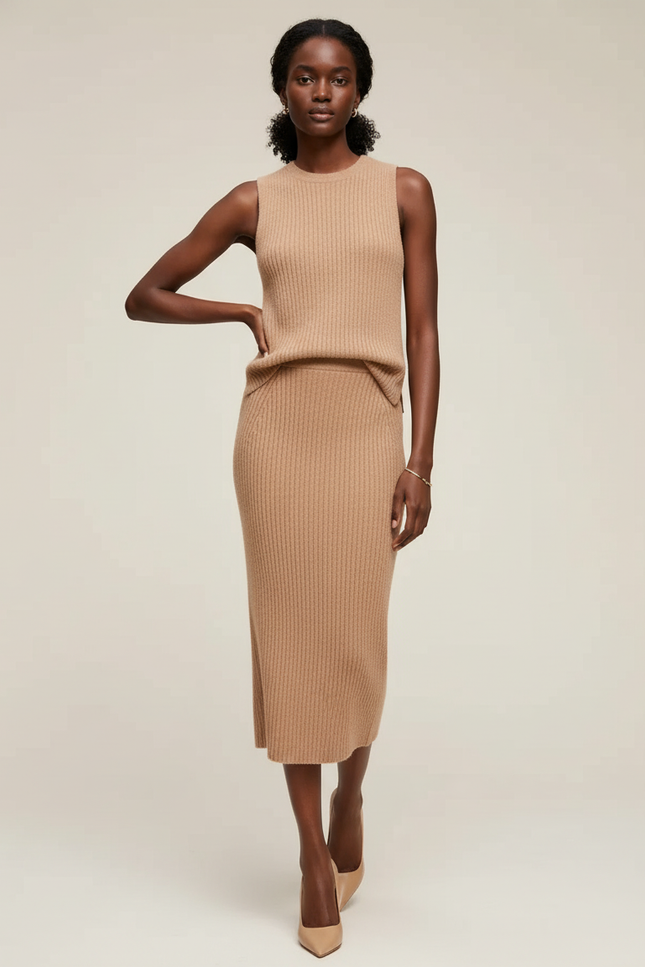 Jupe Midi Camel Côtelée Chic