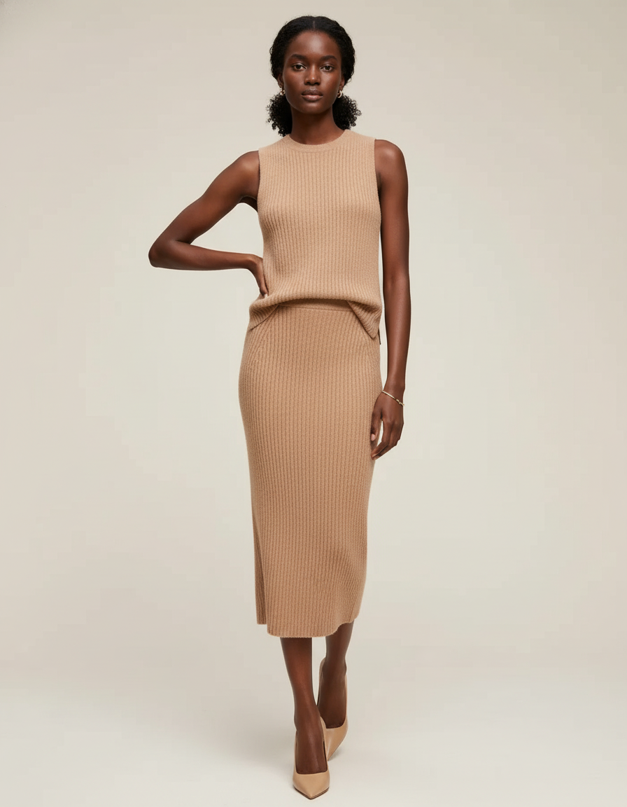 Jupe Midi Camel Côtelée Chic