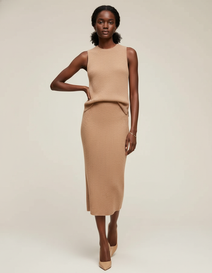 Jupe Midi Camel Côtelée Chic