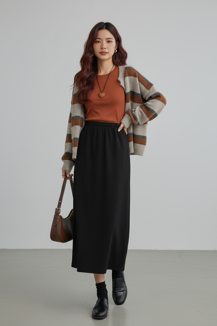 Jupe Midi Noire Velours Côtelé Chic