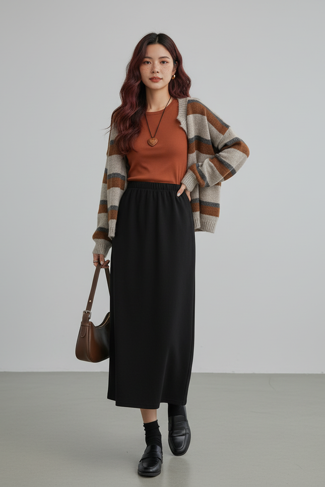 Jupe Midi Noire Velours Côtelé Chic