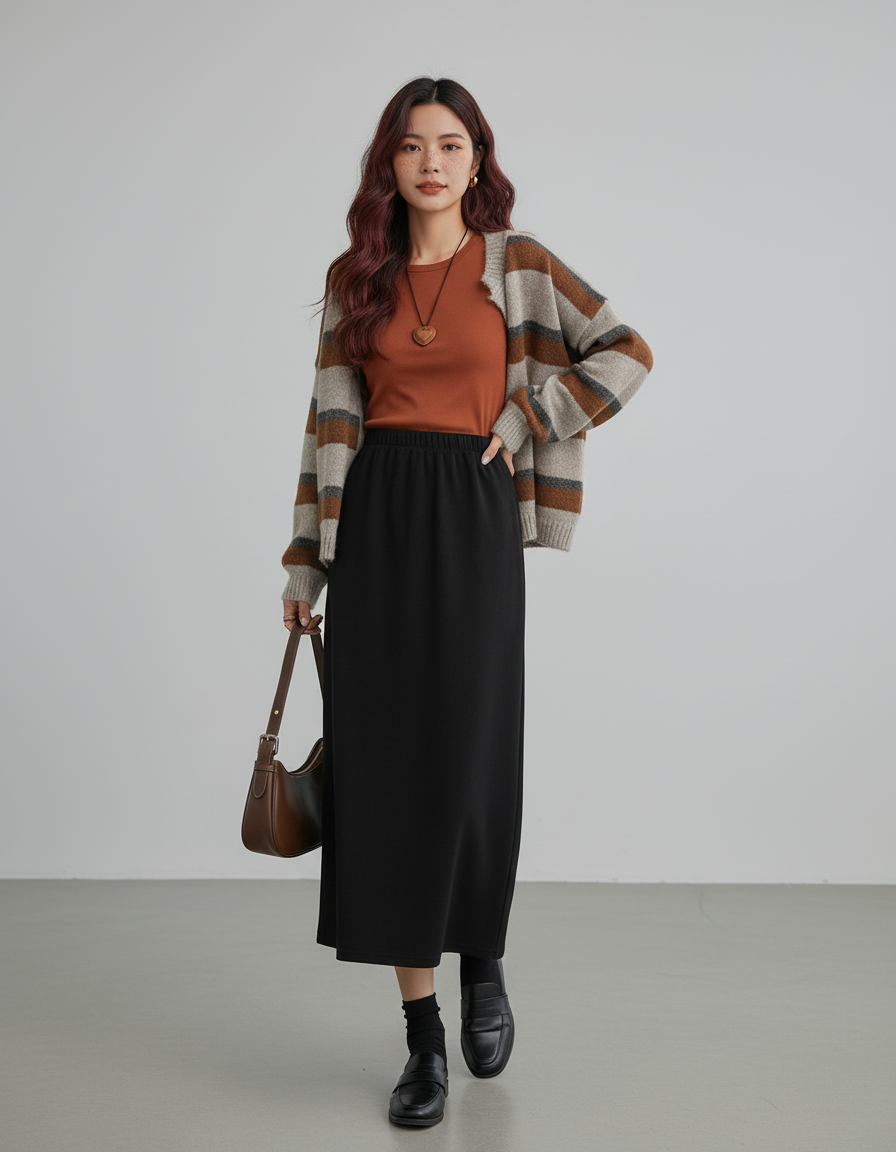 Jupe Midi Noire Velours Côtelé Chic