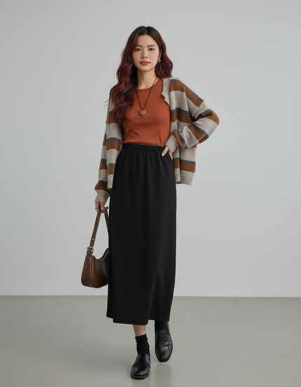 Jupe Midi Noire Velours Côtelé Chic