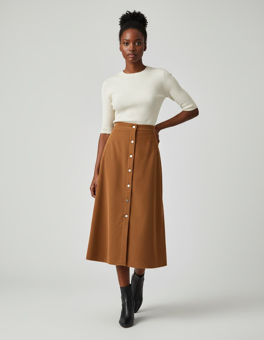 Jupe Midi Marron Côtelée Chic tendance