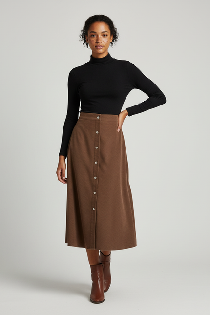 Jupe Midi Côtelée Marron Chic