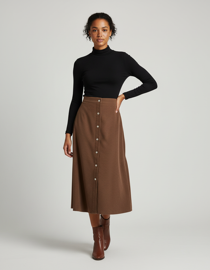 Jupe Midi Côtelée Marron Chic