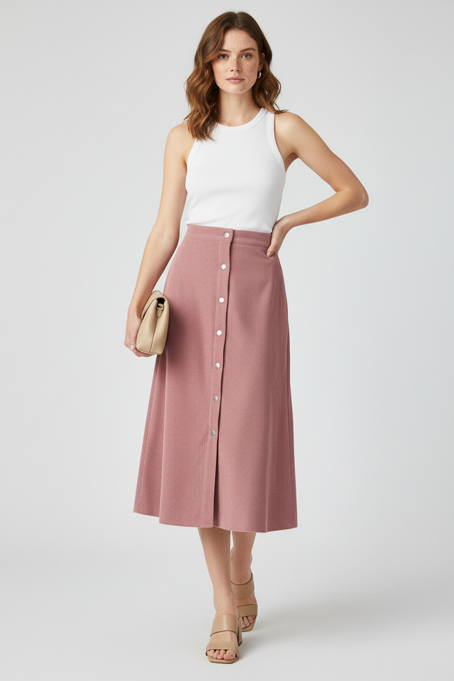 Jupe Midi Rose Côtelée Élégante