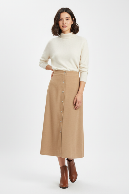 Jupe Midi Camel Boutonnée Chic