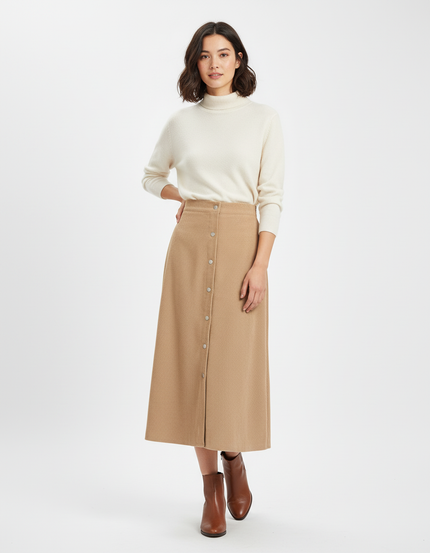 Jupe Midi Camel Boutonnée Chic