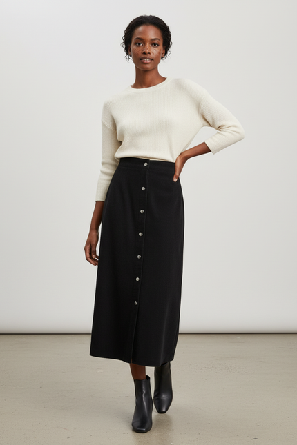 Jupe Midi Noire Velours Côtelé Vintage