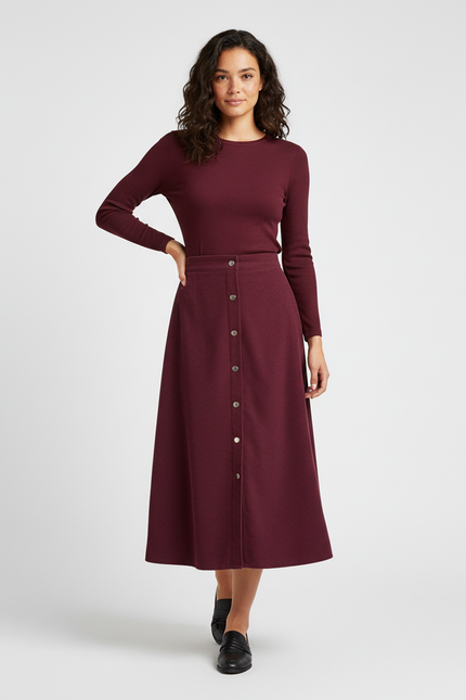 Jupe Midi Bordeaux Velours Côtelé Chic