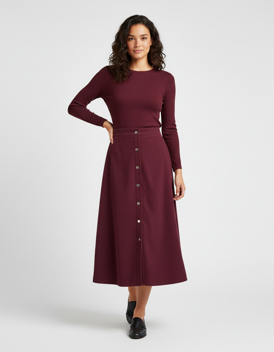 Jupe Midi Bordeaux Velours Côtelé Chic