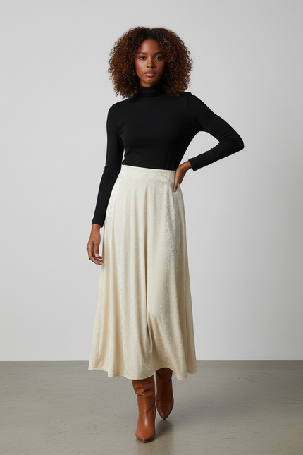 Jupe Midi Velours Crème Fluide